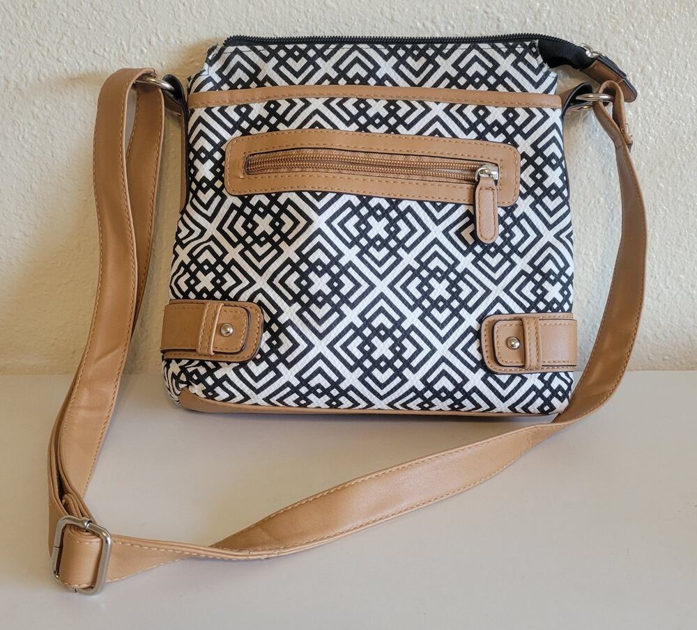 Black White Geometric Crossbody Bag Tan Trim Adjustable Strap Zip Pockets